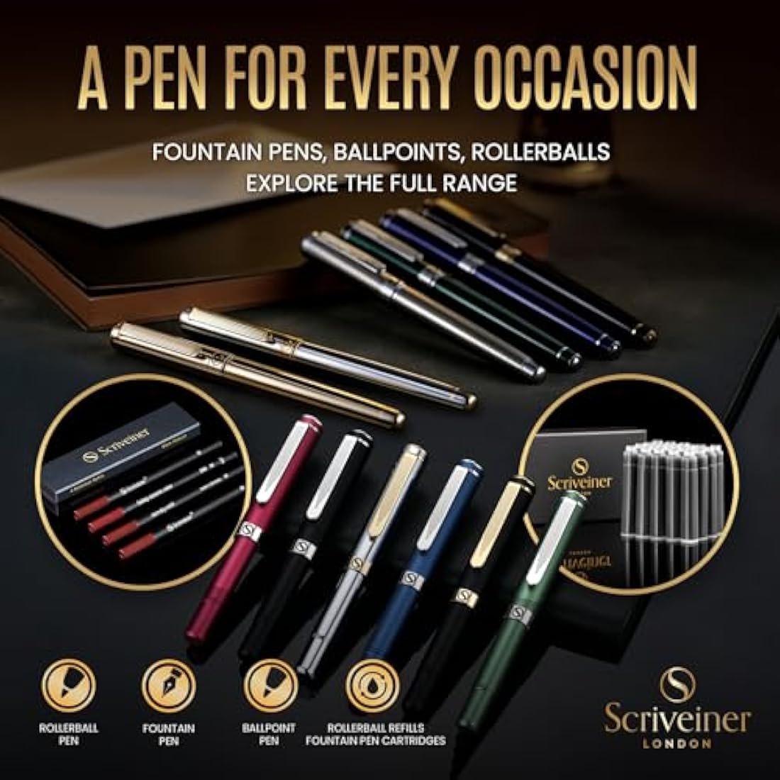 Scriveiner Silver Chrome Fountain Pen - Stunning Luxury Pen, Real Gold Plating, Schmidt Gilded Nib (Extra Fine), Best Pen Gift Set for Men & Women Professional Executive Office Nice Designer Pen