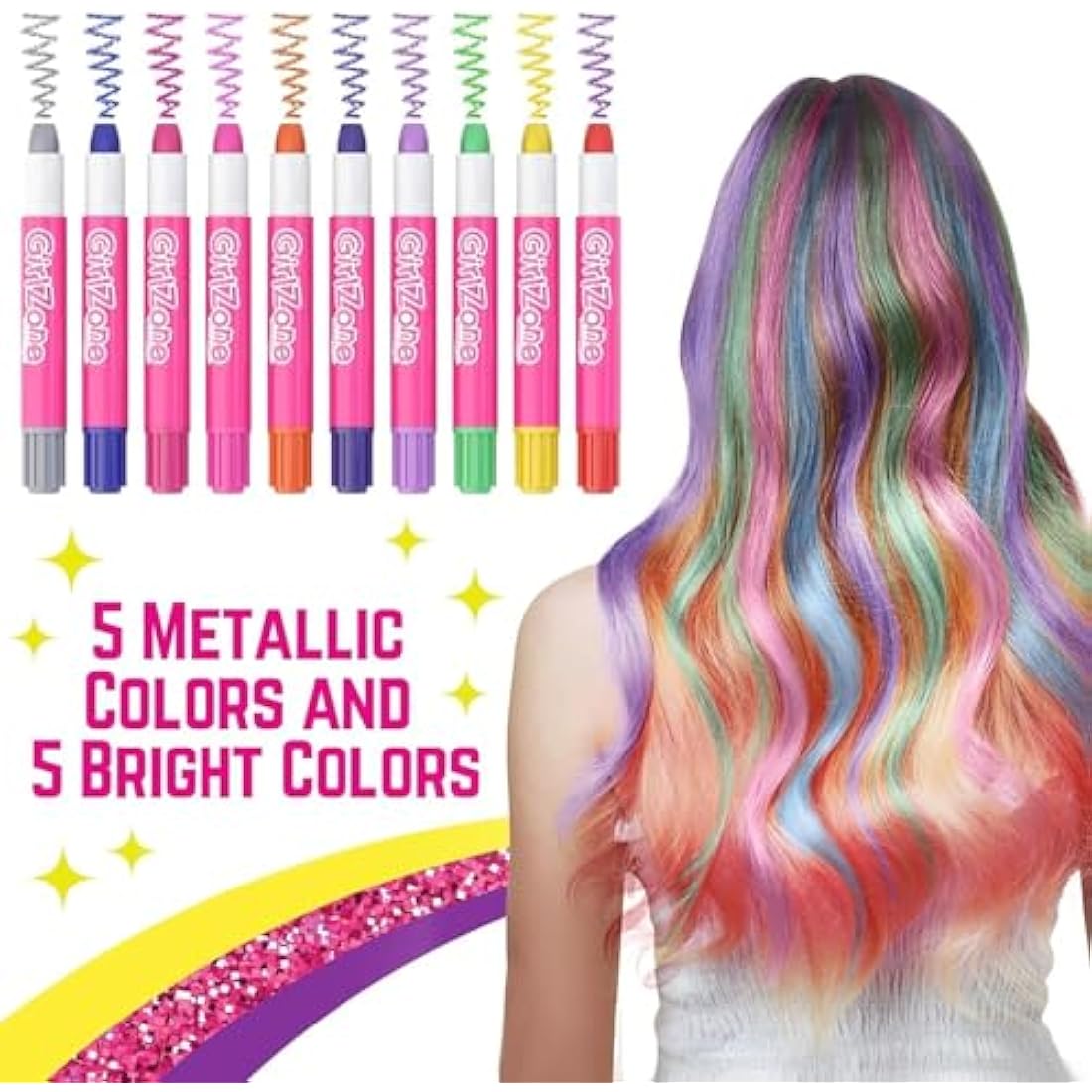 GirlZone Hair Chalks Set, 10-Piece Temporary Chalk Pens Kit, Easy to Apply and Remove Girls Hair Colour for Kids Dress Up Parties and Role Play, Gift-Ready Kids Hair Dye and Toys for Girls