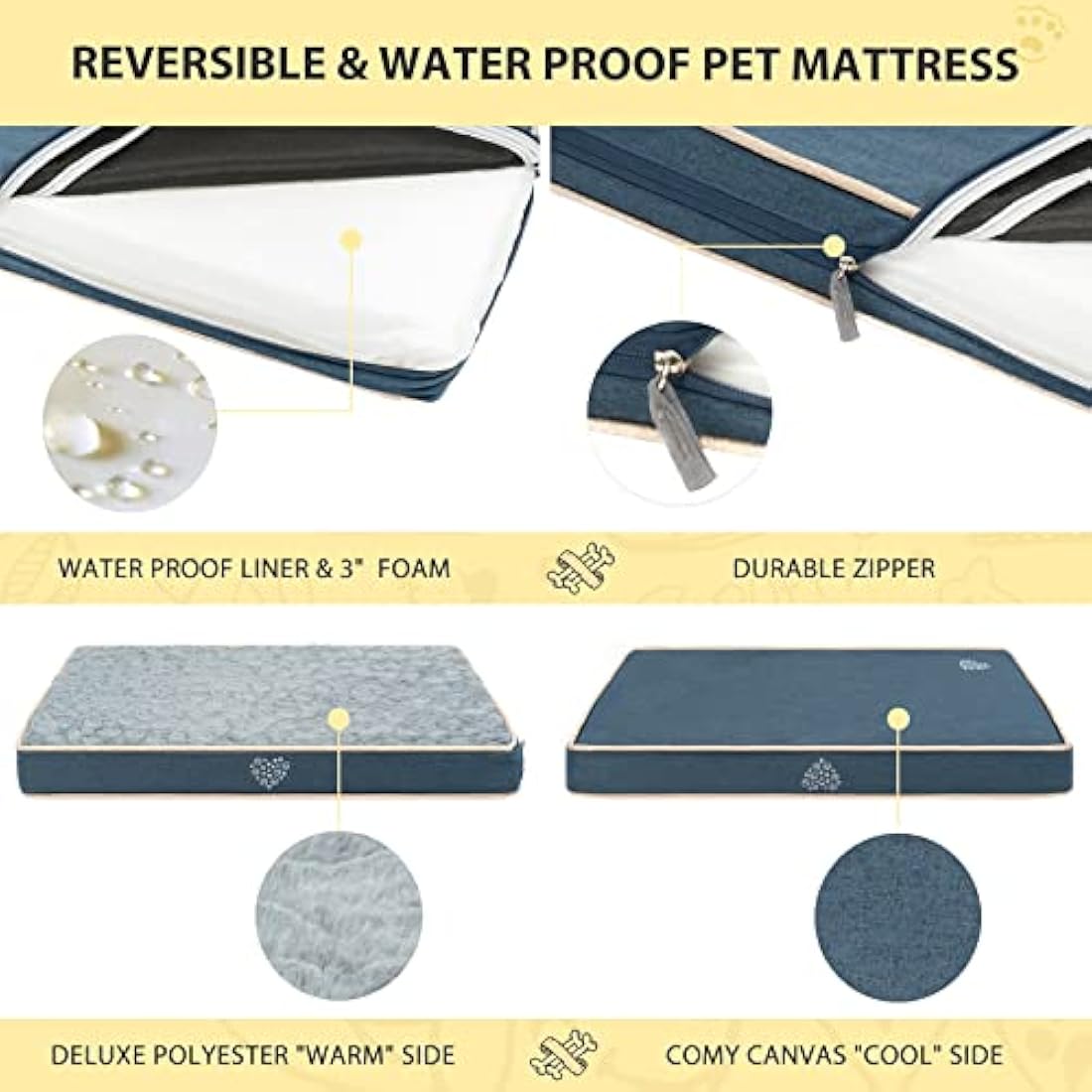 VANKEAN Waterproof Dog Bed Mat Reversible (Warm and Cool) with Removable Machine Washable Cover, Dog Bed Matterss for Crate, Dog crate mat, Dog Pad Pet Bed for Small to Large Dogs, Navy/Grey