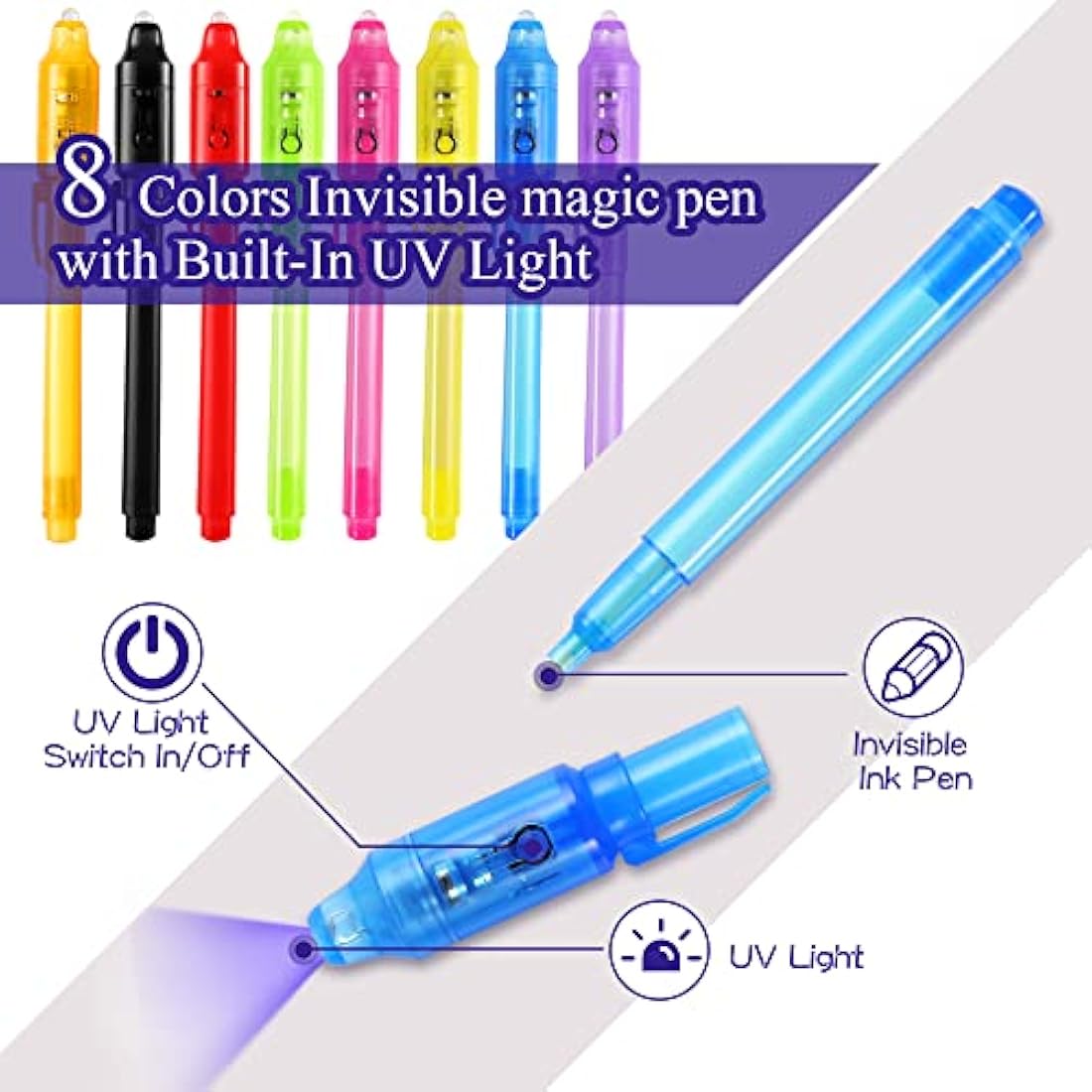 DazSpirit 16 Packs Invisible Ink Pens and Notebooks - Detective Theme, UV Light Spy Pens Party Bag Fillers for Boys and Girls, Magic Secret Message Pens for Detective Parties, Treasure Hunt