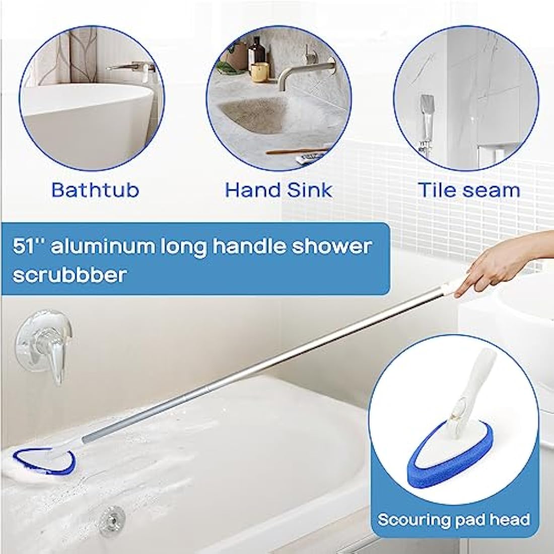 Qaestfy Shower Cleaning Brush and Scrubber Scourer Combo with 51'' Detachable Long Handle Tub and Tile Shower Bathroom Cleaner Scrubber Brush Cleaning Tools for Shower Bath Bathtub Tub Cleaning