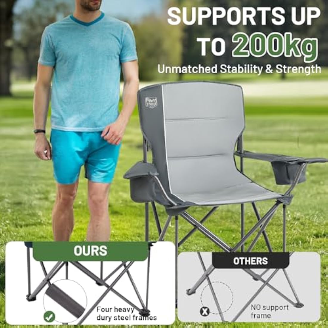 TIMBER RIDGE Camping Chairs for Adults Heavy Duty 200kg Oversized, Padded Folding Chair with Cup Holder and Storage Bag Comfy for Outdoor Picnic Fishing Garden, Lightweight and Portable (Grey, 1 PC)