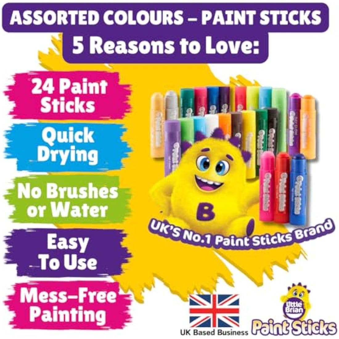 Little Brian Paint Sticks For Kids - 24 Pack Assorted Colours - Mess-Free, Easy Clean Up, Fast Drying Action, Vibrant Colours, Multi-Surface, Twist & Paint