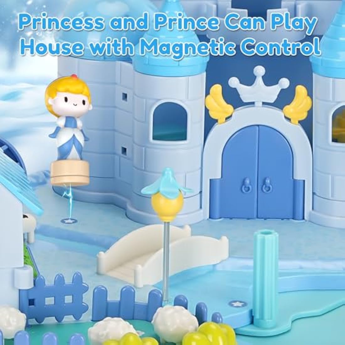 fygurso Dream Princess Castle Playset with 2 Magnetic Control Movable Little People Toys, Magnetic Doll House Building Toys with Light & Music for Pretend Play, Gift for Girls Toy Kids ages 6+