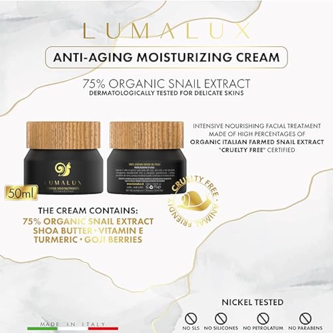 Lumalux Combo Pack 98% snail mucin serum 50ml & 75% organic snail cream 50ml with hyaluronic acid, aloe vera, vitamin E, turmeric, goji, shea butter for Women - 100% Natural Cosmetics