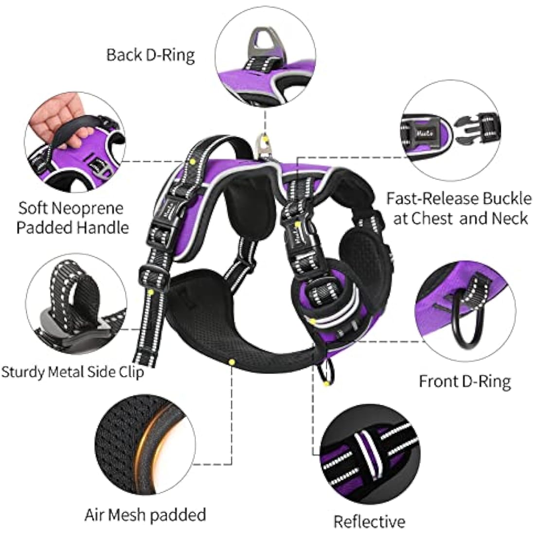 HEELE Dog Harness, No Pull Dog Harness Small, Release on Neck, Reflective Adjustable Dog Harness with Front Back 2 Leash Attachments and Soft Padded Control Handle for Dogs Walking Training, Purple, S