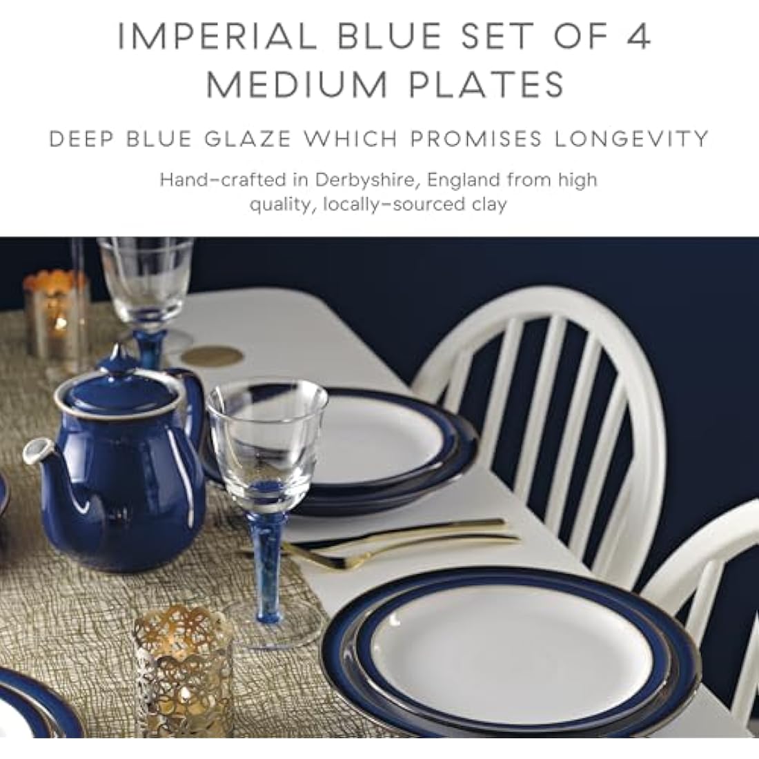 Denby - Imperial Blue Medium Plates Set of 4 - Dishwasher Microwave Safe Crockery 22cm - Royal Blue, White Ceramic Stoneware Tableware - Chip & Crack Resistant Lunch Plates