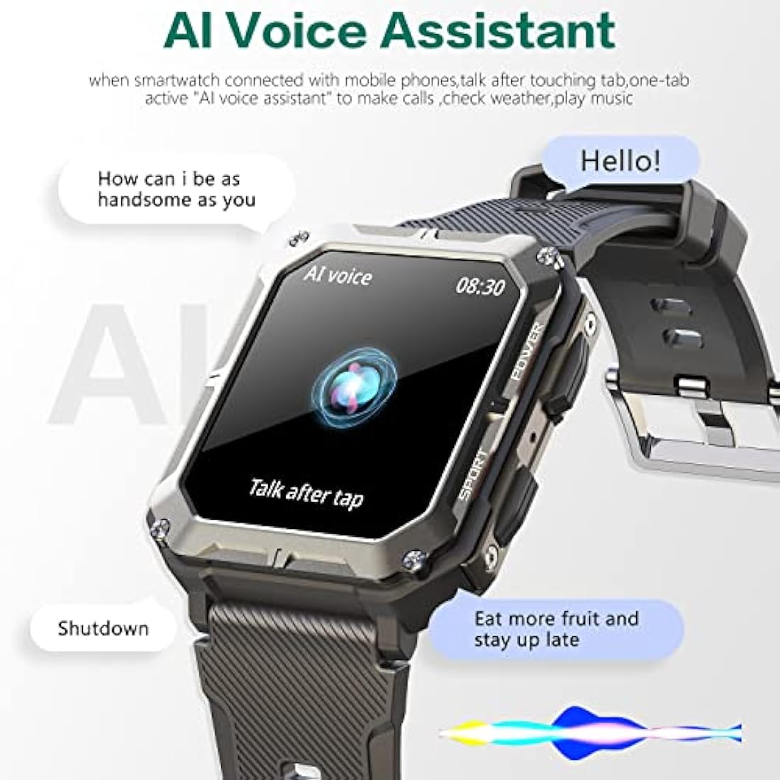 Smart watch military for men with call dials that can make calls and answer calls compatible for iOS Android, Fitness Activity tracker with IP68 Waterproof Ai voice, with 123 Sports Modes