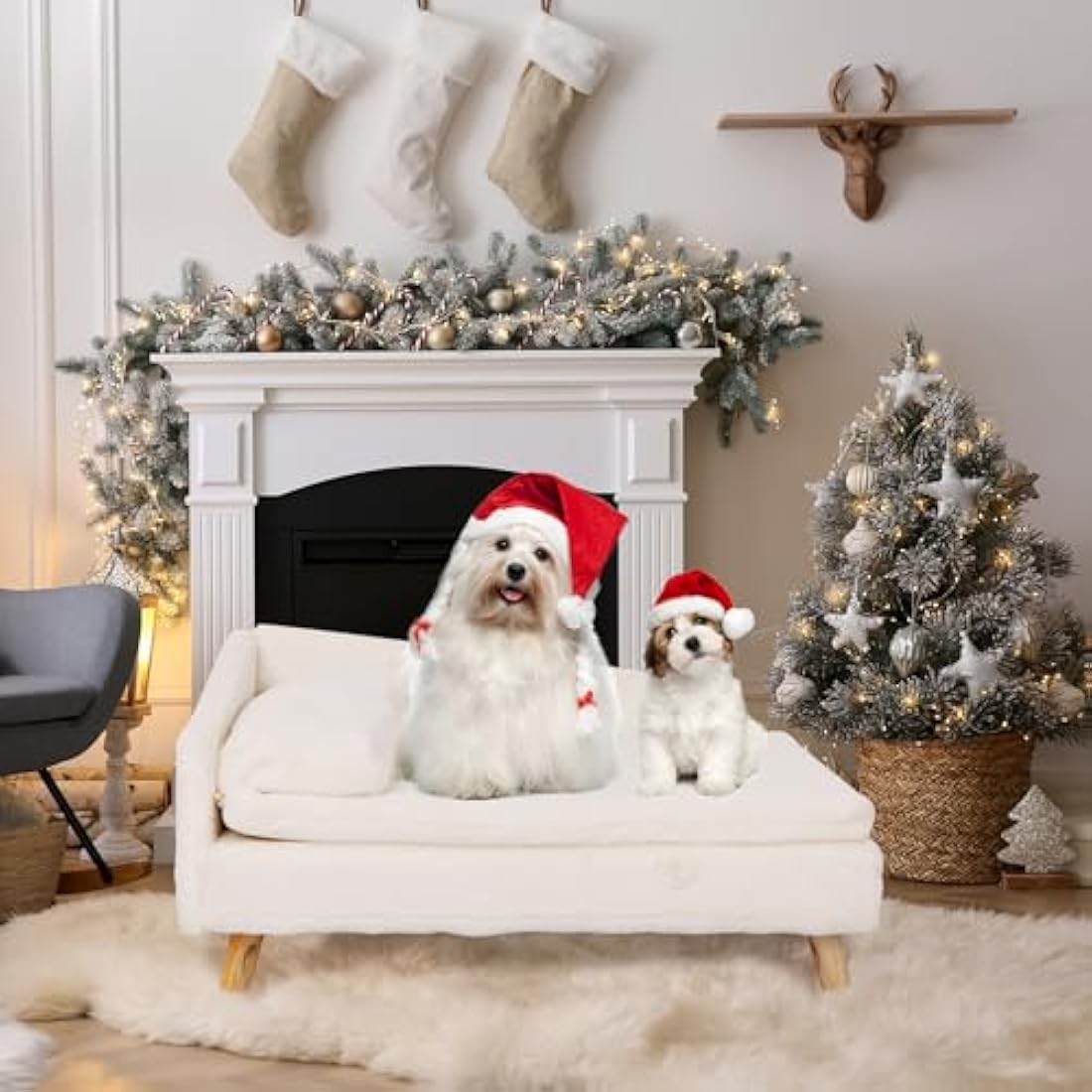 BingoPaw Elevated Dog Sofa Bed: L Shaped Raised Dog Lounger Couch with Durable Wooden Legs - Nordic Plush Fur Pet Chair Bed with Soft Removable Cushion Mat and Pillow L(80x50cm)