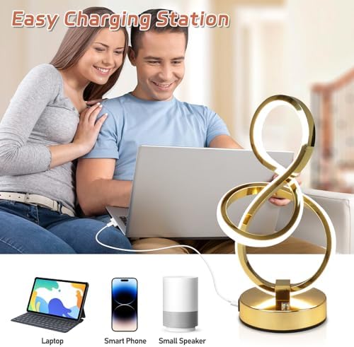 EIDEARAY Modern LED Table Lamp,3 Color Temperatures,Touch Control Stepless Dimmable Bedside Table Lamp with USB Ports, Touch Control LED Nightstand Lamp, Desk Lamp for Living Room,Bedroom(Gold)