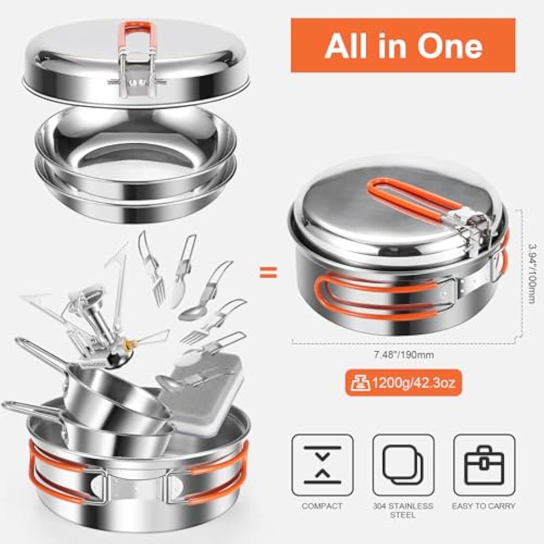 Odoland Camping Cookware Kit, Ceramic Non-Stick Cooking Set with Plates, Bowls, Forks, Knives, Spoons for Camping, Backpacking, Hiking, Picnics