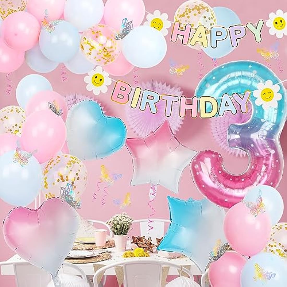 3rd Birthday Decorations for Girls, Gradient Color 40 Inch Age 3 Foil Birthday Balloons with Happy Birthday Banner and Butterfly Stickers, for Baby Shower, Girls Boys Birthday Party