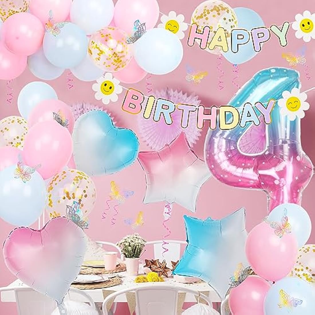 4th Birthday Decorations for Girls, Gradient Color 40 Inch Age 4 Foil Balloons with Happy Birthday Banner and Butterfly Stickers, for Baby Shower, Girls Boys Party Decorations