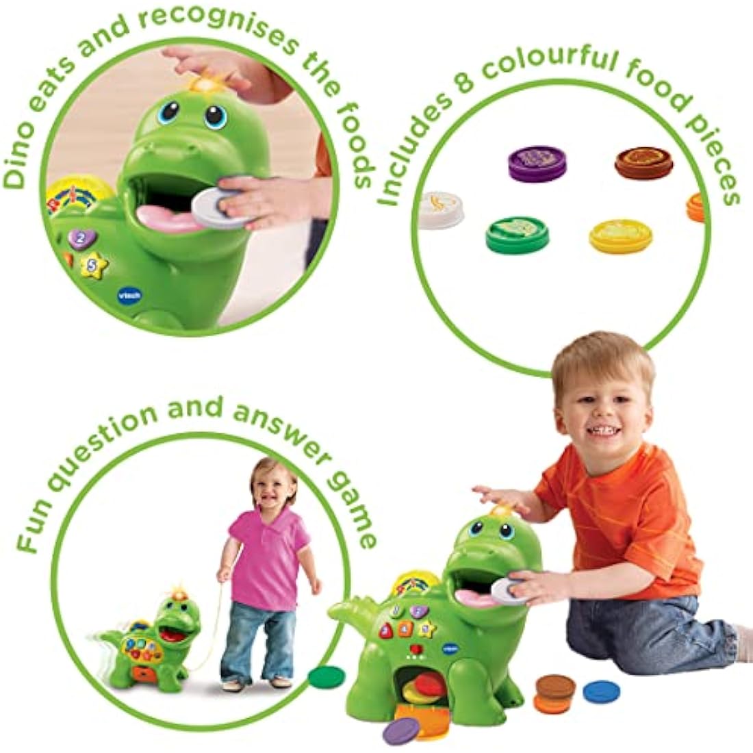 VTech Baby Feed Me Dino | Musical Baby Toy with Numbers, Counting Music & Shapes | Interactive Light Up Toy Suitable From 1, 2, 3 Year Olds Boys & Girls, Green, 27 x 12.3 x 26 cm