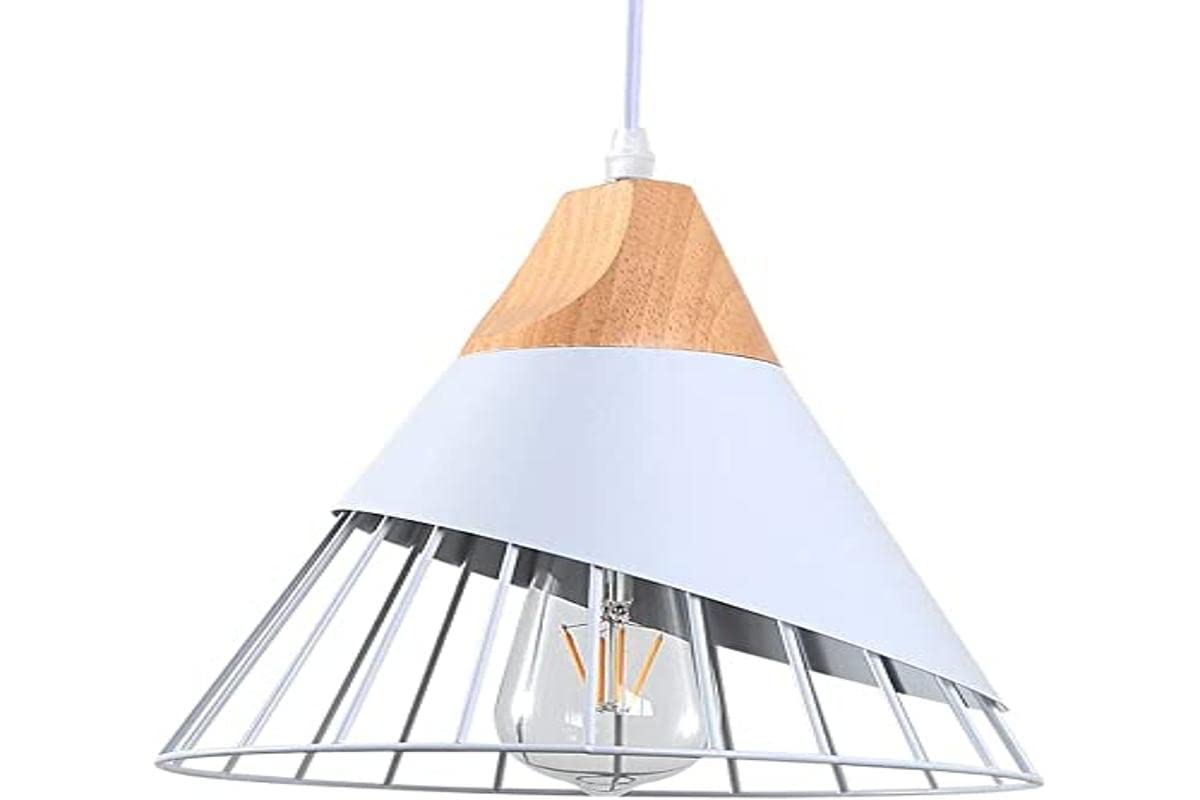 WOWEWA White Modern Pendant Light Over Kitchen Island,Adjustable Wood Hanging Light Fixture,E27 Industrial Pendant Lighting for Dining Room,Living