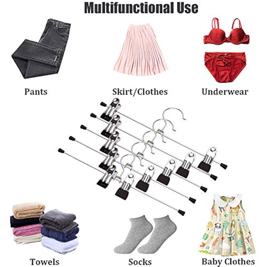 Trouser Hangers, 20 Pack Skirt Hangers with Adjustment Metal Grip Clips, Pant Hangers for Kids Adults, Heavy Duty Durable Space Saving, Silver