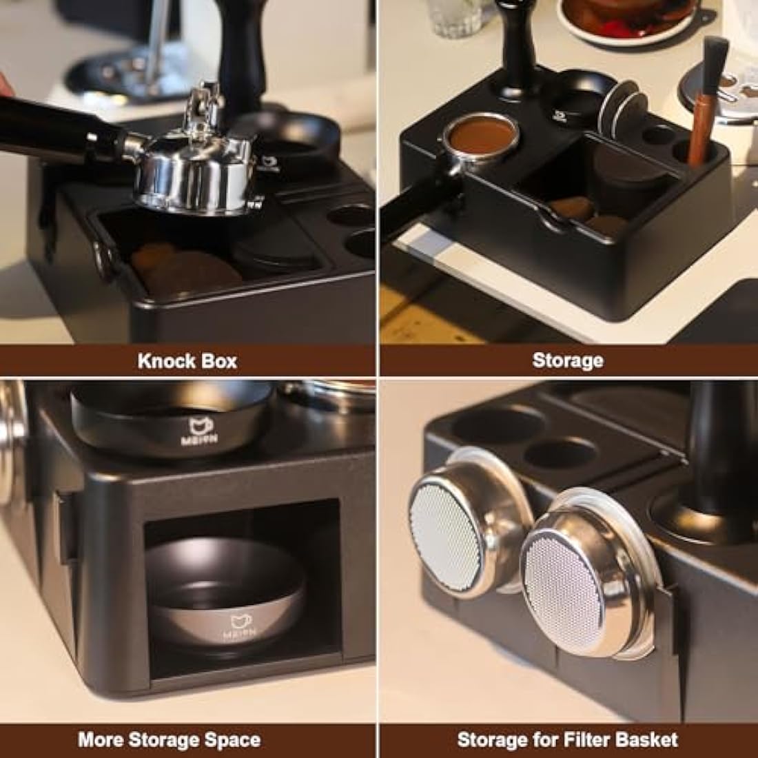 MEION Espresso Tamping Station, Detachable Espresso Knock Box and Tamp Station, 10 in 1 Espresso Organizer Fits 51, 54, 58MM Espresso Tamper, Portafilter, Distributor Puck Screen Espresso Accessories