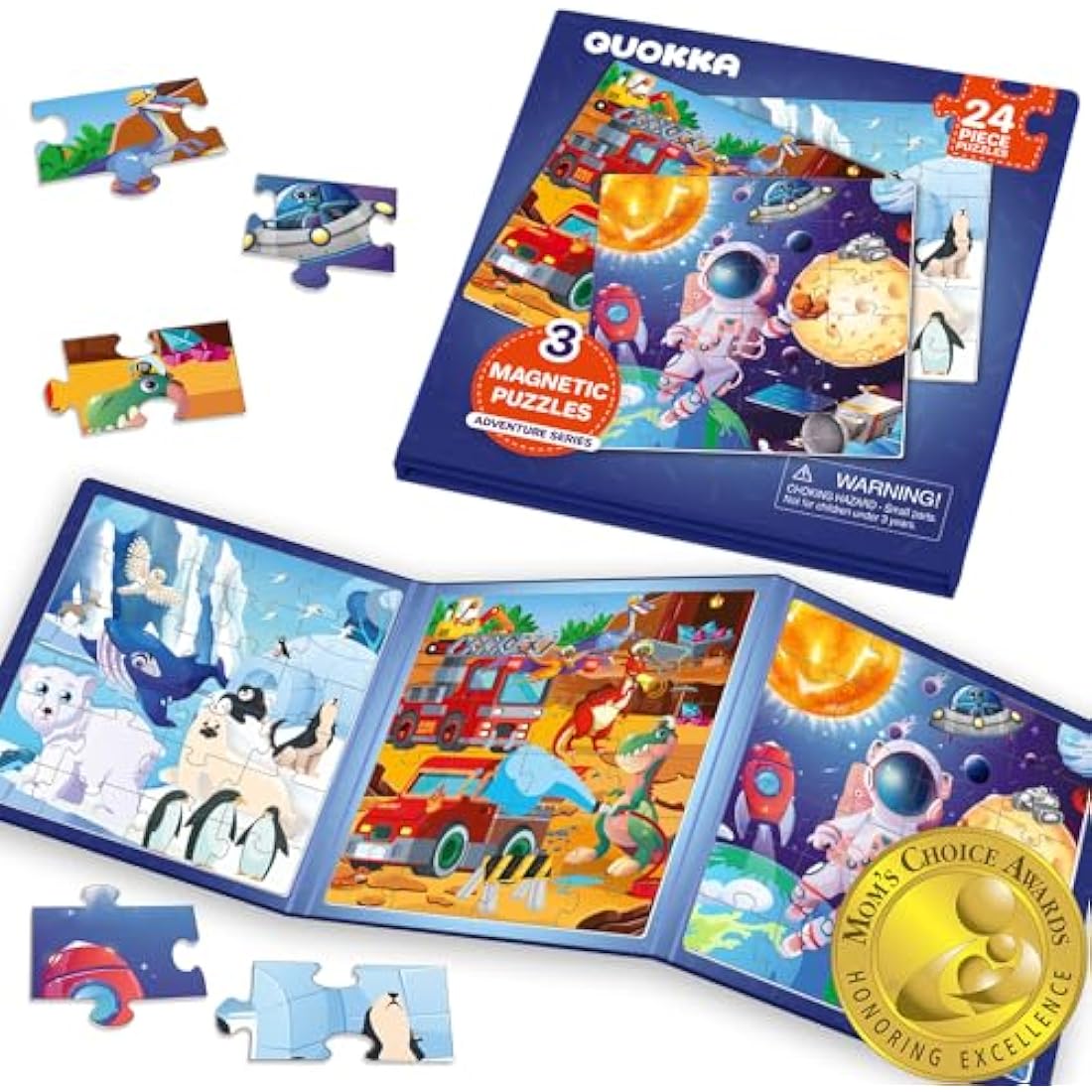 QUOKKA Magnetic Puzzles for 2 3 Year Olds - Travel Games for Kids Age 4 5 - Travel Toys for Toddlers on Plane Car Ride - 24 Pieces Jigsaw Games For 3 yo with Space & Dino - Plane Activities For Kids