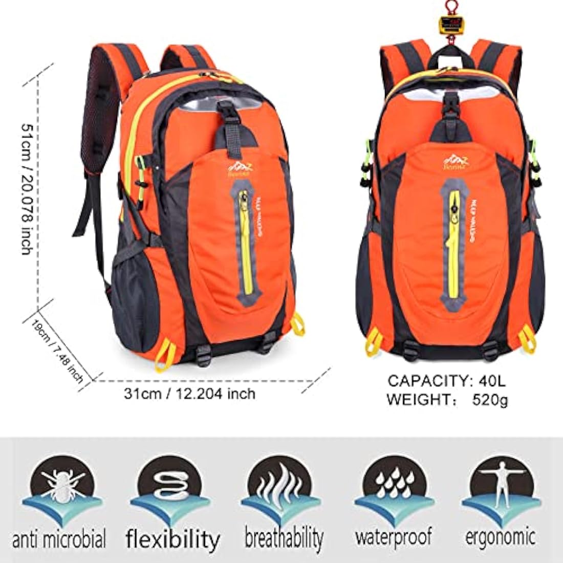 Besrina 40L Lightweight Hiking Backpack, Multi-functional Water-resistant Casual Camping Trekking Rucksack for Cycling Travel Climbing Mountaineer Outdoor Sport