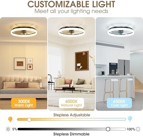 NIORSUN 60cm Ceiling Fans with Lights and Remote, 6 Speeds Modern Smart LED Ceiling Fan Light, 3000K-6500K Dimmable Quiet Fan Lights Ceiling for Bedroom Living Room Dining Room (Black)