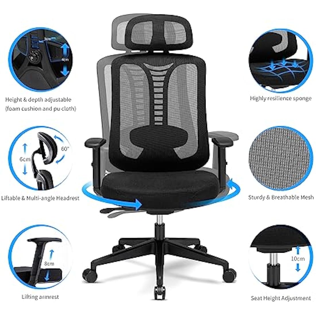 Magic Life Ergonomic Office Chair, Adjustable Home Desk Chair,Adjustable Lumbar Support with Thickened Cushion,3D Headrest & Comfortable Armrest Computer Chair