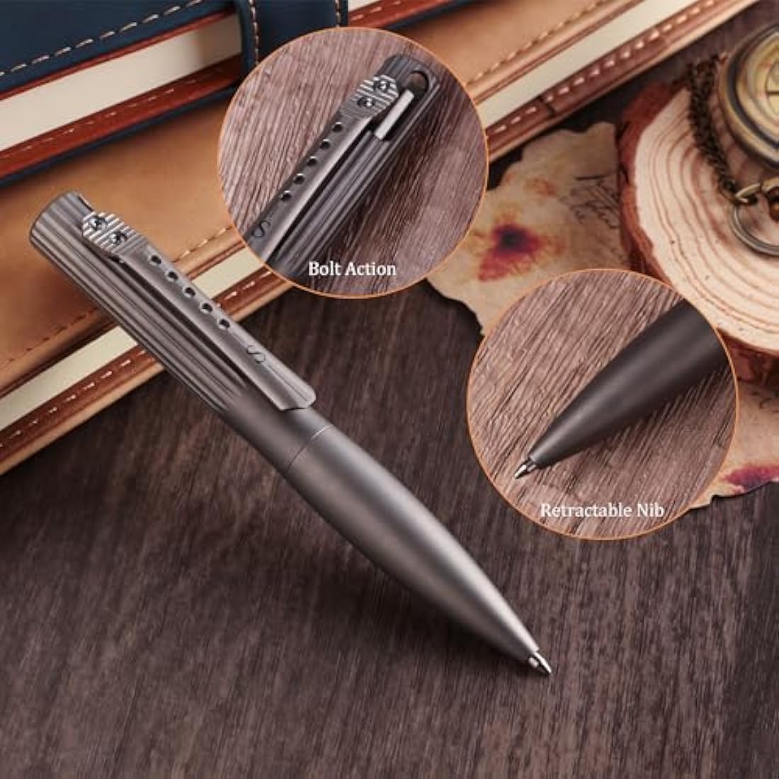 SMOOTHERPRO Titanium Wide Grip Bolt Action Pen | Retractable Ballpoint Pen Short Pen | Compatible with Parker Refill | for Office School Business EDC (TBP01) | Color Stone Wash Black