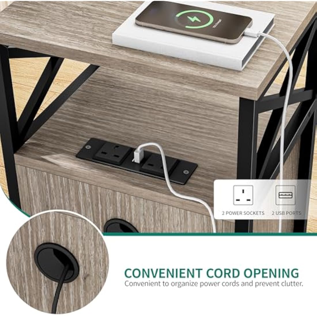 YITAHOME Side Table, Bedside Table with Storage Cabinet, X-Shaped Sofa End Table with Charging Station, 2 USB Ports & Power Outlets, Living Room Coffee Table, Metal Frame, Bedroom, Grey, 40x35x60cm