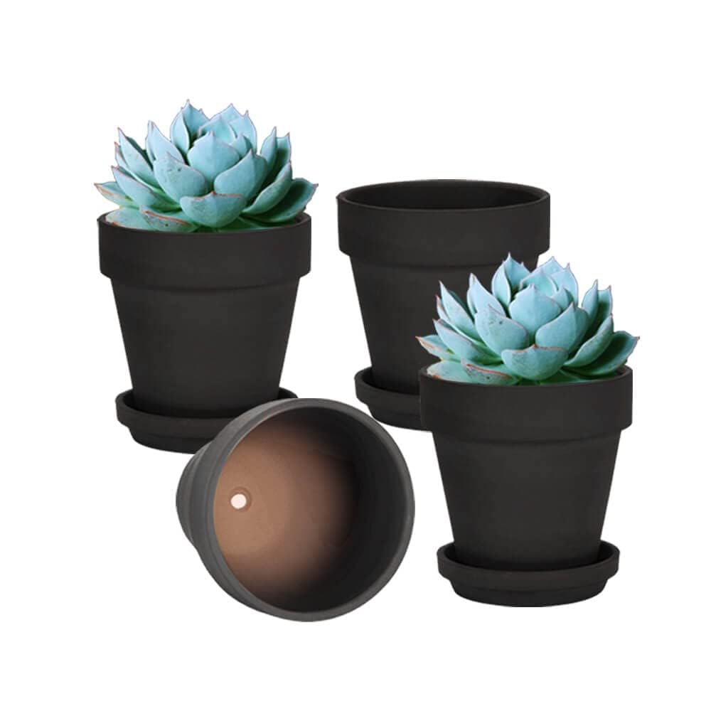 vensovo 15CM Black Terracotta & Clay Pots for Plant with Saucer - 4 Pack Medium Terra Cotta Planter with Drainage Hole, Flowerpot for Indoor Outdoor
