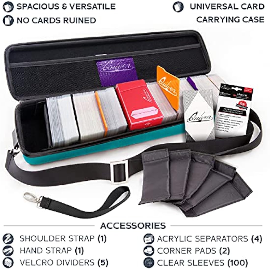 Quiver Time Teal Quiver Card Carrying Case - TCG Cards Deck Box Holder for Trading Cards, MTG Bag Playing Card Case (+Wrist & Shoulder Strap, Dividers, Separators, Corner Pads + 100 Apollo Sleeves)