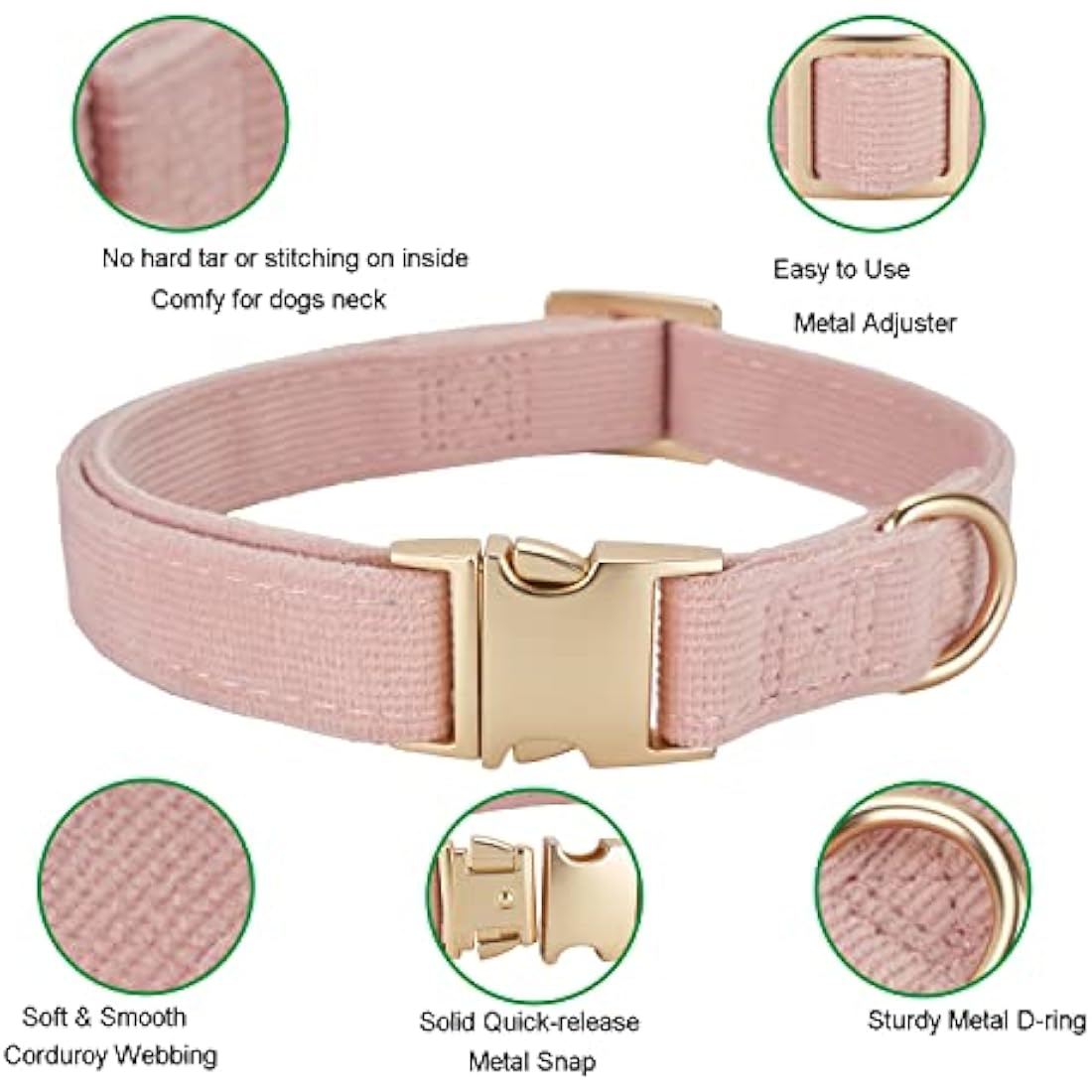 YUDOTE Ultra-soft Dog Collar Natural Cotton Corduroy Made for Large Dogs with Sensitive Skin,Dusty Pink