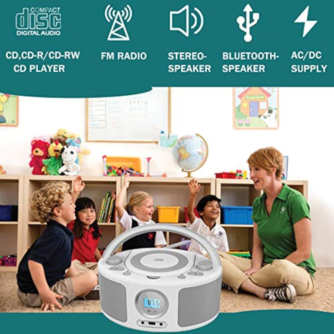 WISCENT Portable CD Player with Bluetooth Boombox, FM Radio Stereo Sound, USB, 3.5mm AUX Port & Headphone Jack, Mains or Battery