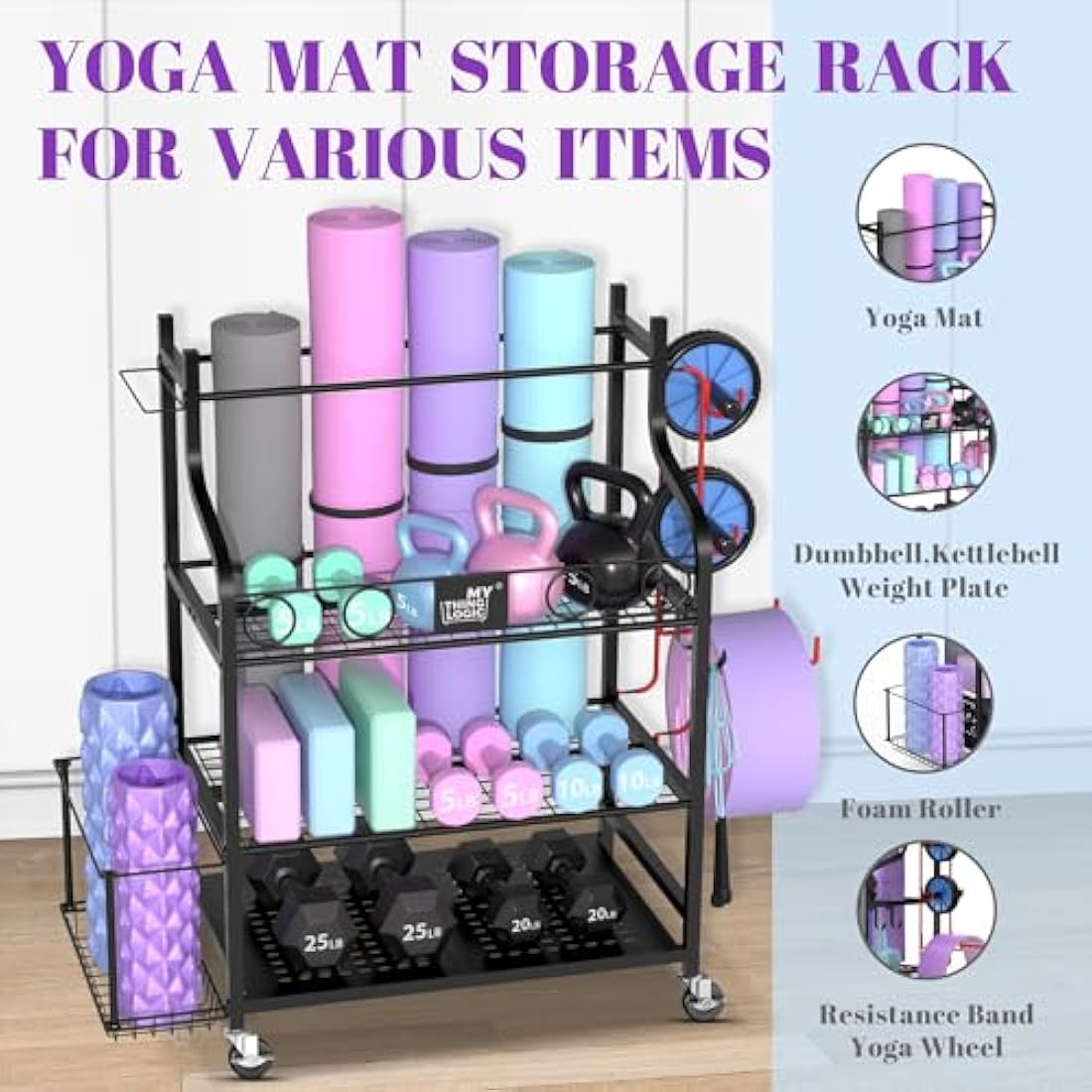 Mythinglogic Dumbbell rack-Yoga Mat weight rack-Home Gym Storage Rack for Dumbbells Kettlebells, Foam Roller, Yoga Strap, Resistance Bands - Workout Equipment Storage Organizer with Hooks and Wheels