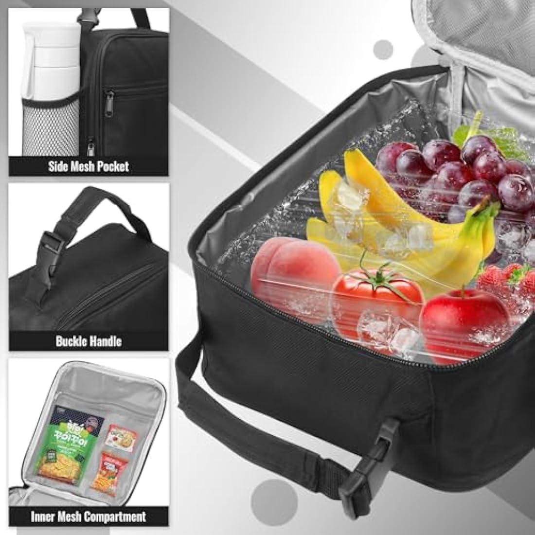 TIECHI Insulated Lunch Bag with Side Mesh Pocket, Thermal Packed Lunch Box for Adults/Kids/Men/Women, Water-Resistant Leakproof Cool Bag for Work/School/Picnic/Outdoor(Black)