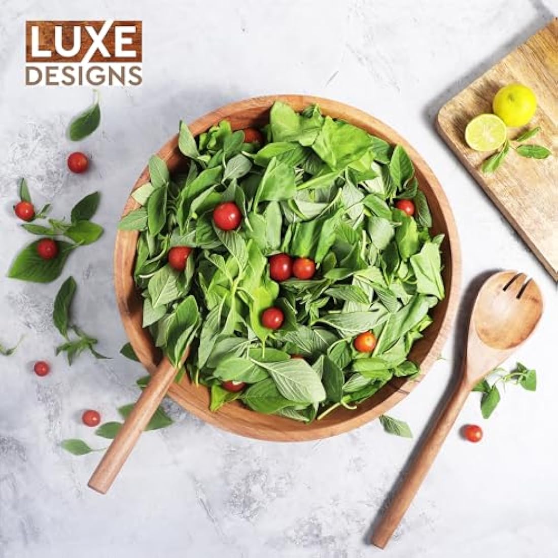 Luxe Designs Wooden Salad Bowl Set – Large Salad Bowl for Food, Fruits, or Salads – Durable Handmade Bowl with Spoon, Fork – Natural Wooden Bowls Decorative – Ideal Serving Bowl for Dining