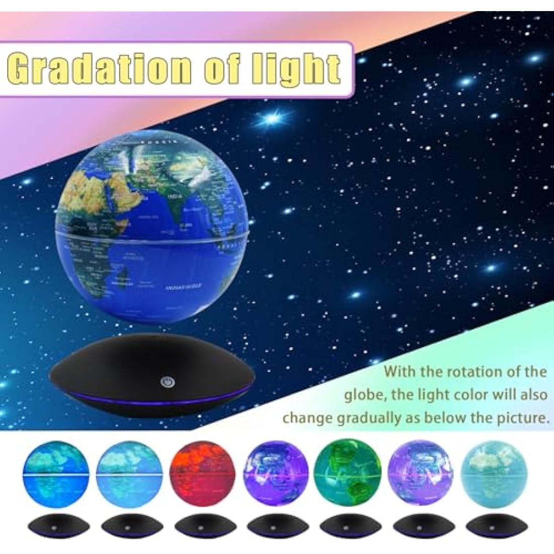 Surplex Luminous Floating World Globe with 7 Color Lights, Touch Control & Gradient Night Light Globe, Magnetic Levitation Field World Map for Educational & Gift, Home/Office Desk Decor for Kid Friend