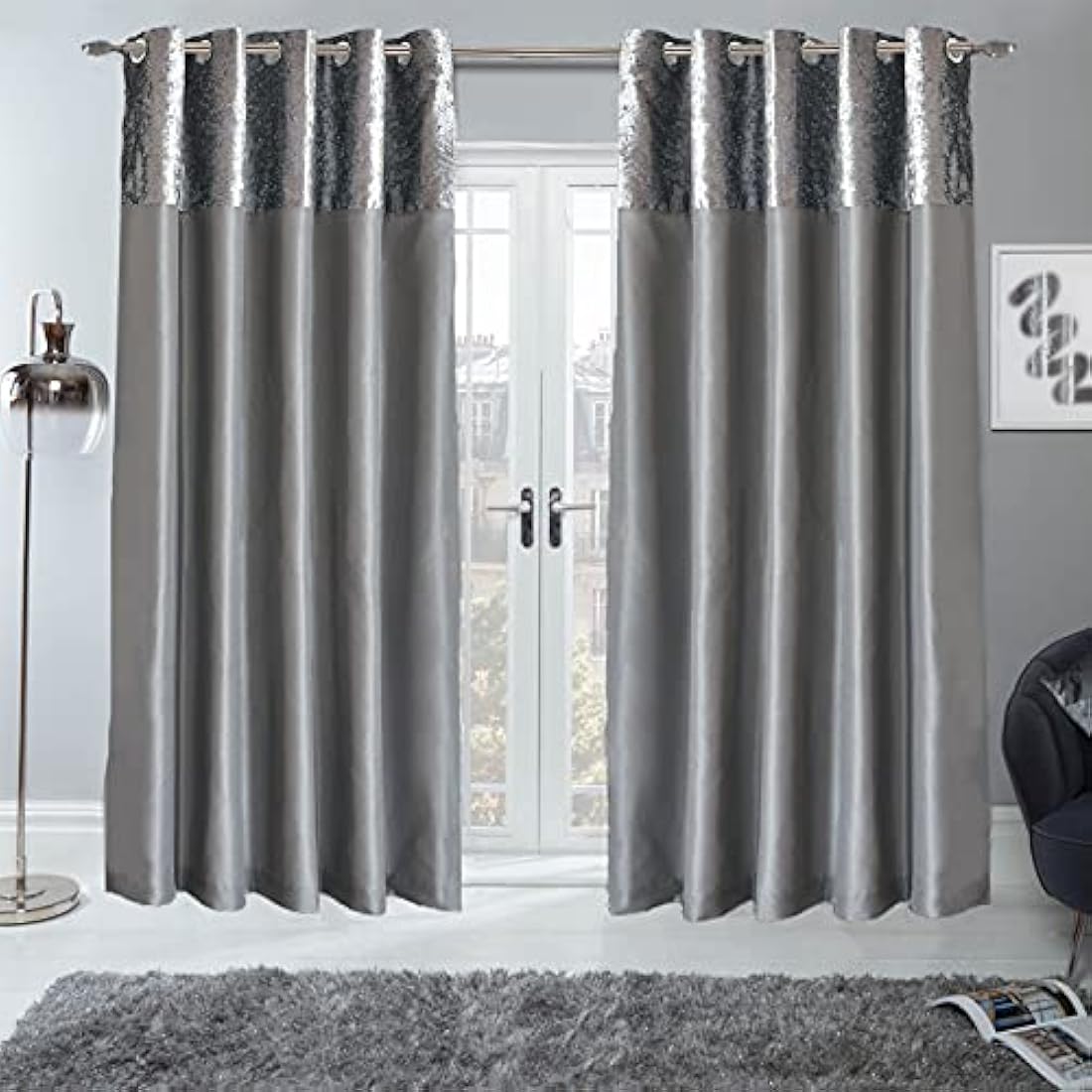 Sienna PAIR of Crushed Velvet Band Curtains Fully Lined Eyelet Ring Top Faux Silk Window Treatment Panels - Silver Grey, Width 66" x Drop 90"