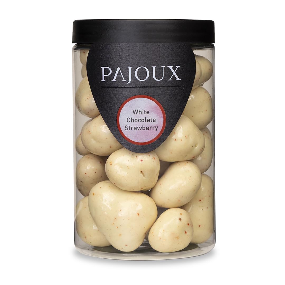 Pajoux White Chocolate Strawberry (Large) 210g | White Chocolate Covered Nuts and Fruit - Palm Oil Free - Chocolate in a Gift Jar