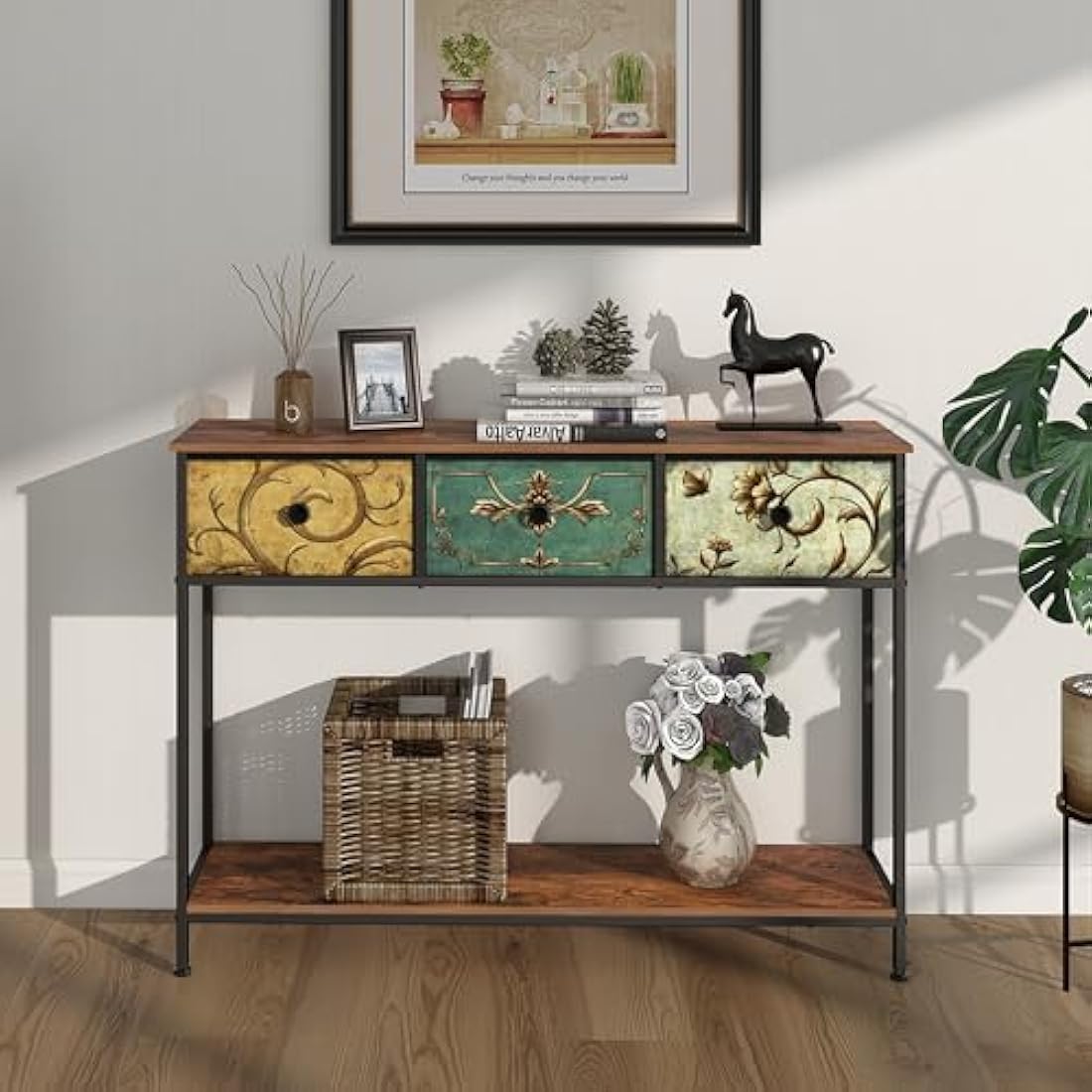 VEDECASA Console Table for Hallway Slim Console Table with 3 Drawers for Entryway with Storage Shelves for Small Spaces Living Room Metal Frame Wooden Top Easy Assembly Rustic Brown
