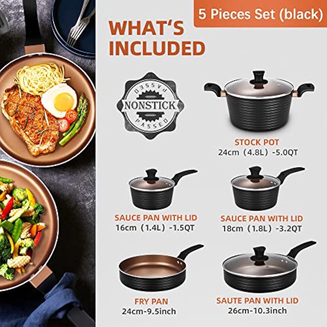 Pots and Pans Sets, Nonstick Cookware Set 9 Pieces, Induction Pan Set, Chemical-Free Kitchen Sets, Saucepan, Frying Pan, Saute pan, Black1