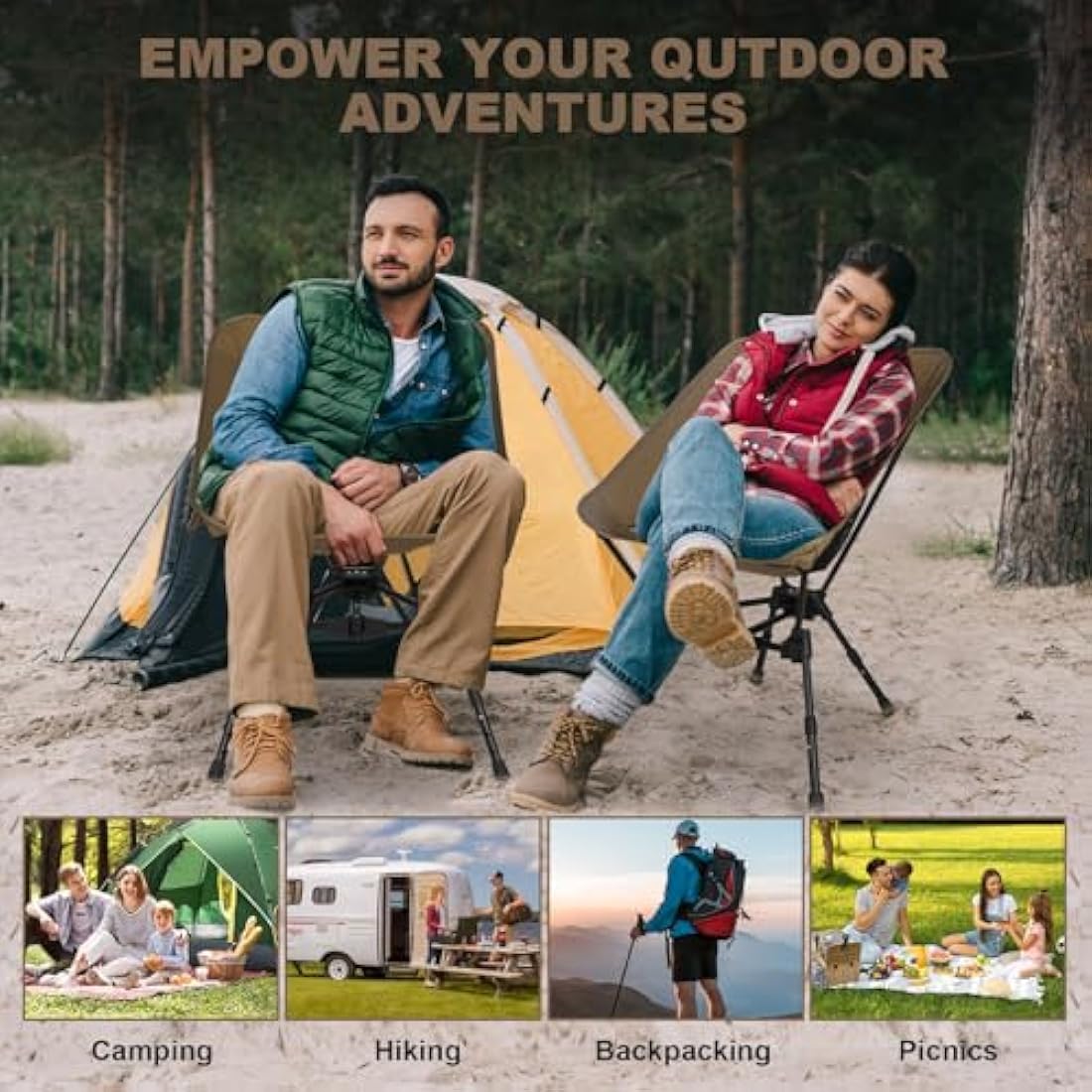 Lightweight Folding Camping Chair: Portable Ultralight Height Adjustable Folding Camping Chair 330 lbs Capacity with Side Pockets Ideal Backpacking Chairs for Short hikes and Cycling Trips (Khaki)