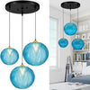GCQ 3 in 1 Large Glass Pendant Light Fixtures, Blue E26 E27 GlassChandelier Mid Century Modern Chandelier Ribbed Blown Glass Globe Shade Hanging Light Ceiling for Living Room Restaurant Bar