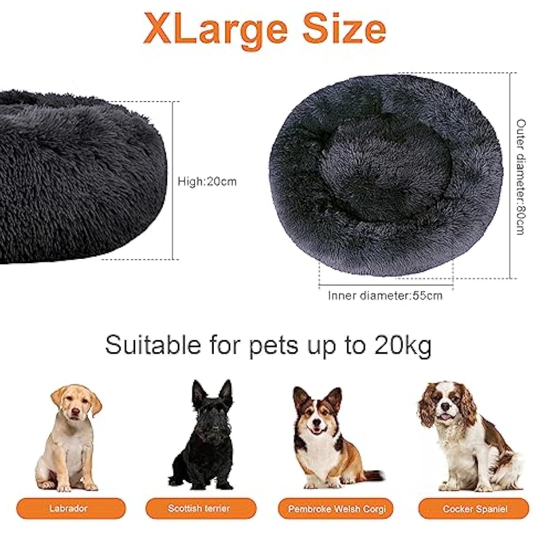 Moistu Calming Dog Bed with Removable Cover: Washable Donut Anti Anxiety Dog Beds - Soft Round Cuddler Cat Bed - Fluffy Plush Comfy Warm Puppy Pet Bed with Zip (Ø 80cm Outerdiameter (XL), Dark Grey)