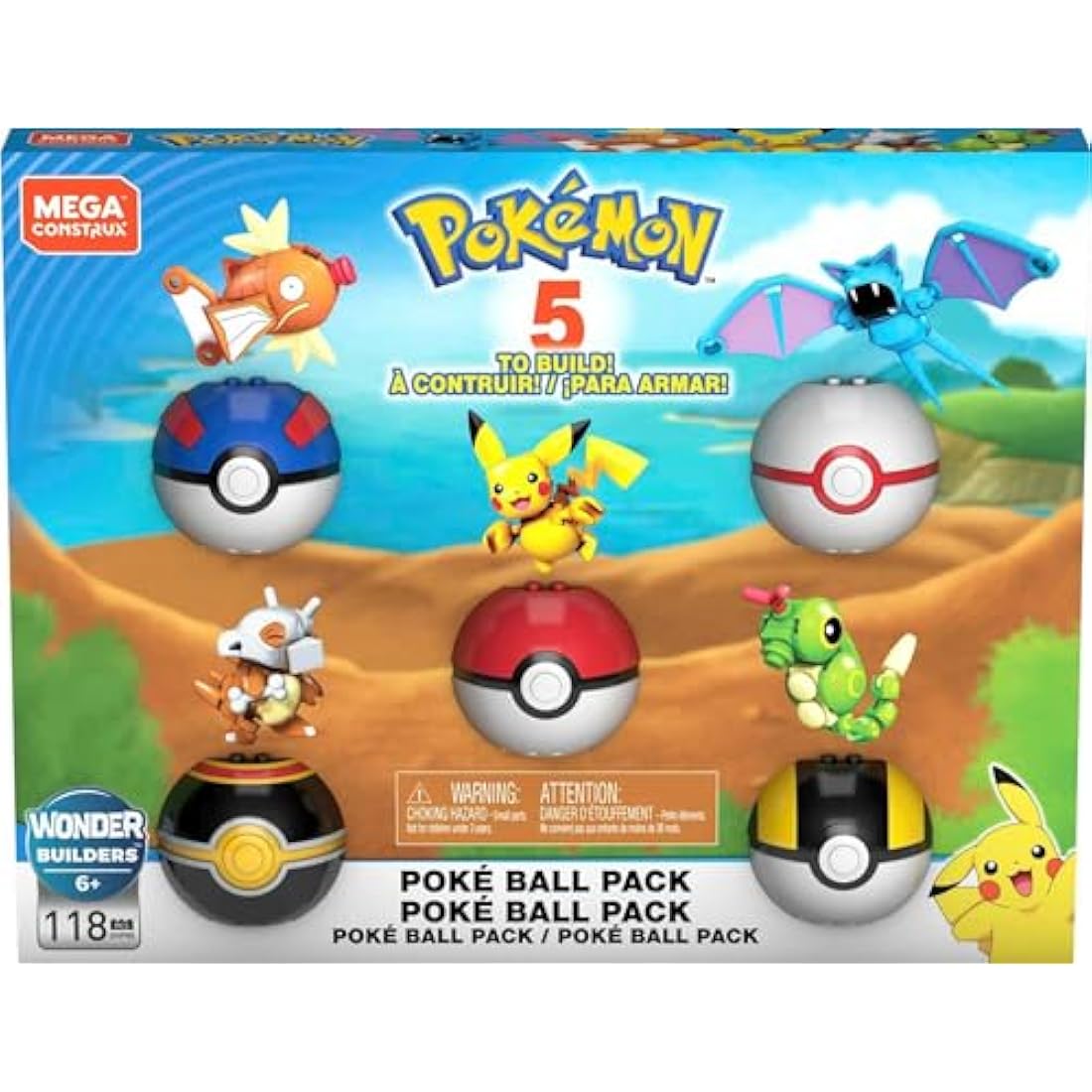 MEGA Pokémon Action Figures Building Toys, Poké Ball Pack with Pikachu, Magikarp, Cubone, Zubat, Magikarp and 5 Different Poké Balls, GHP85
