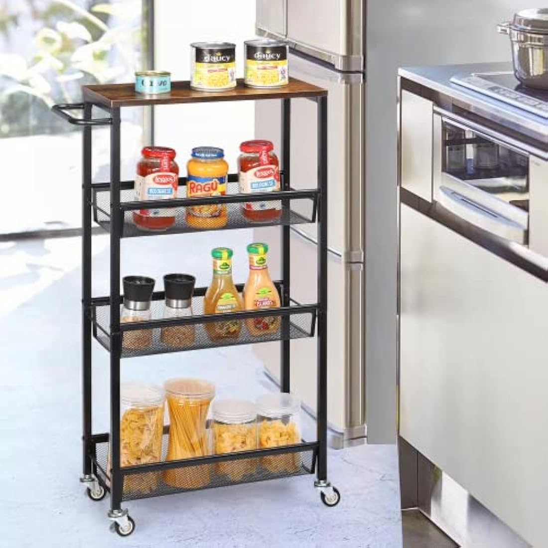 LIANTRAL Slim Storage Cart, Kitchen Storage Trolley, 4 Tier Rolling Kitchen Shelving Unit on Wheels Mobile Narrow Cart with Wooden Tabletop for Bathroom, Laundry Narrow Places, 42 x 18.5 x 80.5 cm