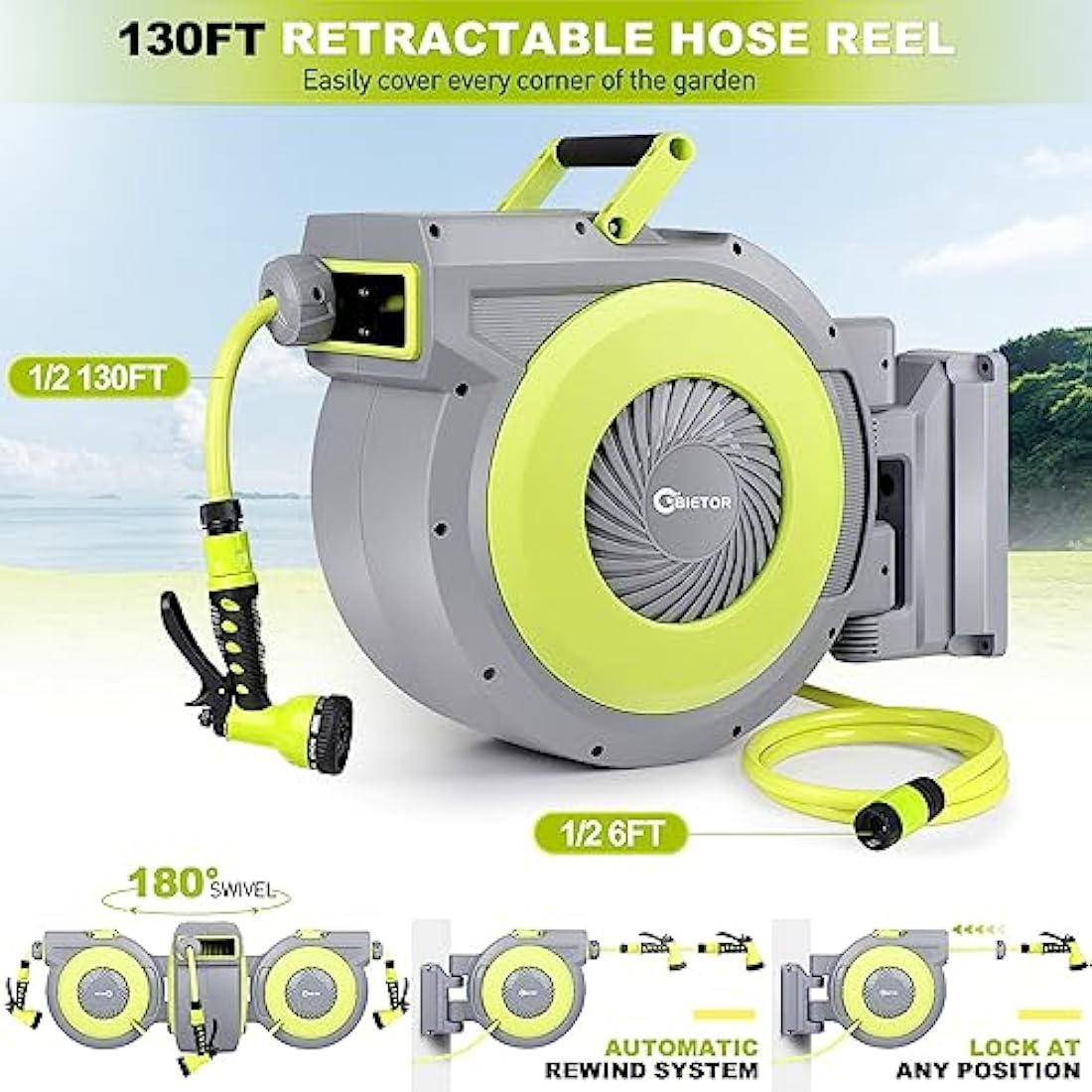 Bietor Retractable Garden Hose Reel Wall Mounted, Heavy Duty Water Hose Reel 30m+2m, with 9 Pattern Hose Nozzle, Slow Return System, Any Length Lock, 180°Swivel Bracket