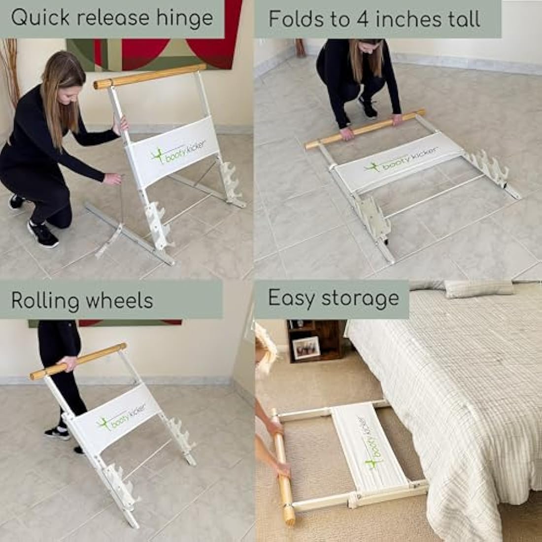 Booty Kicker – Home Fitness Exercise Barre, Folds Flat, Portable, Storable, Strong Angular Design for Pushing, Pulling, Balance & Ballet Exercises, wood, steel, nickle, Perfect for Barre Workouts