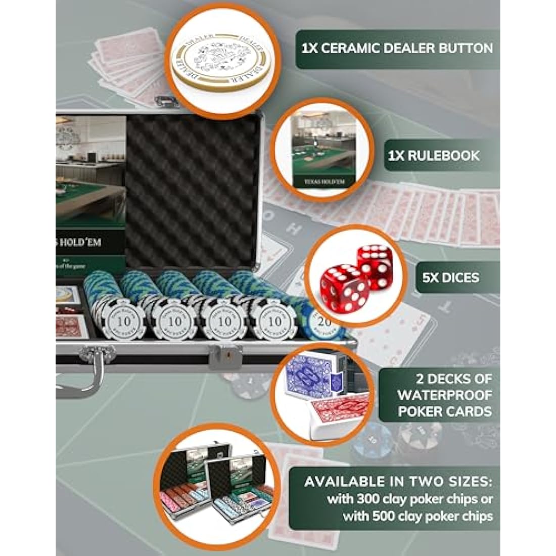 Bullets Poker Set, 2 Plastic Card, Dice, Dealer Button, Manual & Travel Case – with Case for Texas Hold’em, Casino Games, & Prominence – Ideal Poker Set with Chips and Cards, 500 Clay 'Carmela' Chips.