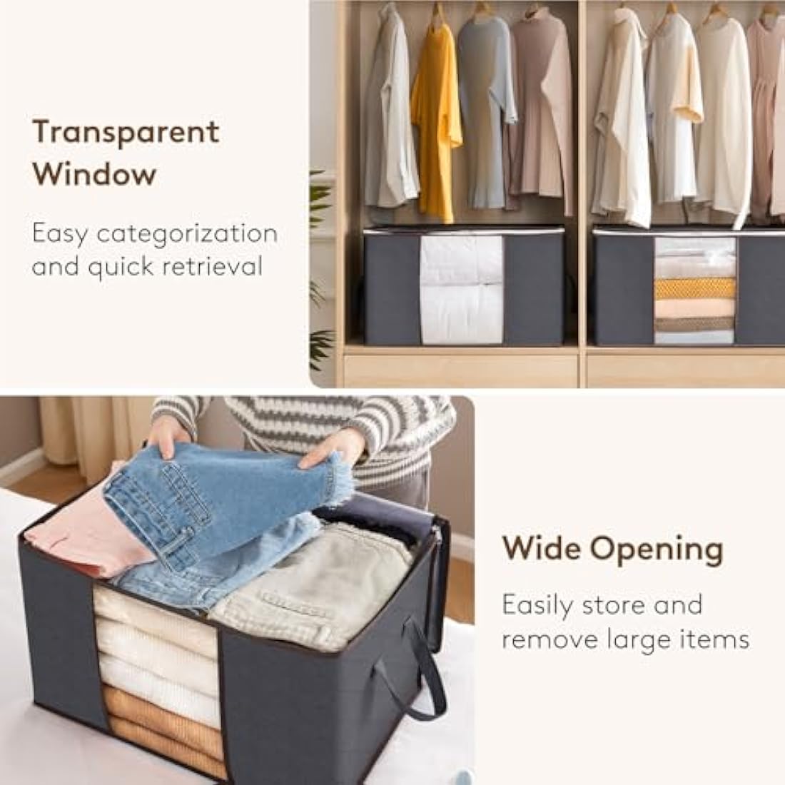 Lifewit 95L Clothes Storage Bags Large Storage Box With Lid Packing Boxes for Moving House With Reinforced Handle Thick Fabric Clear Window for Clothes Duvet Blankets Bedding, 6 Pack, Grey