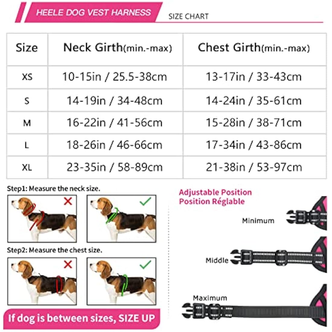 HEELE No Pull Dog Harness, Release on Neck, Reflective Adjustable with Front Back 2 Leash Attachments and Soft Padded Control Handle for Small Medium Large Dogs, Fuchsia, M