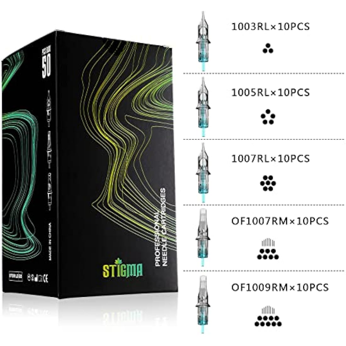 STIGMA 50Pcs Tattoo Cartridges Needles Disposable Mixed #10 Bugpin Round Liner Curved Magnum Shader 3RL 5RL 7RL 7RM 9RM EN02B-50KIT-Z